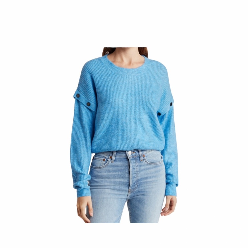 DKNY Women’s Button Detail Drop-shoulder Long Sleeve Knit  Sweater Blue XL